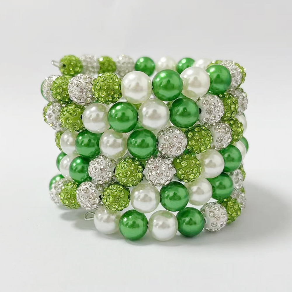 Ceramic Link Bracelet - Links Multi-layer Green and White Beaded
